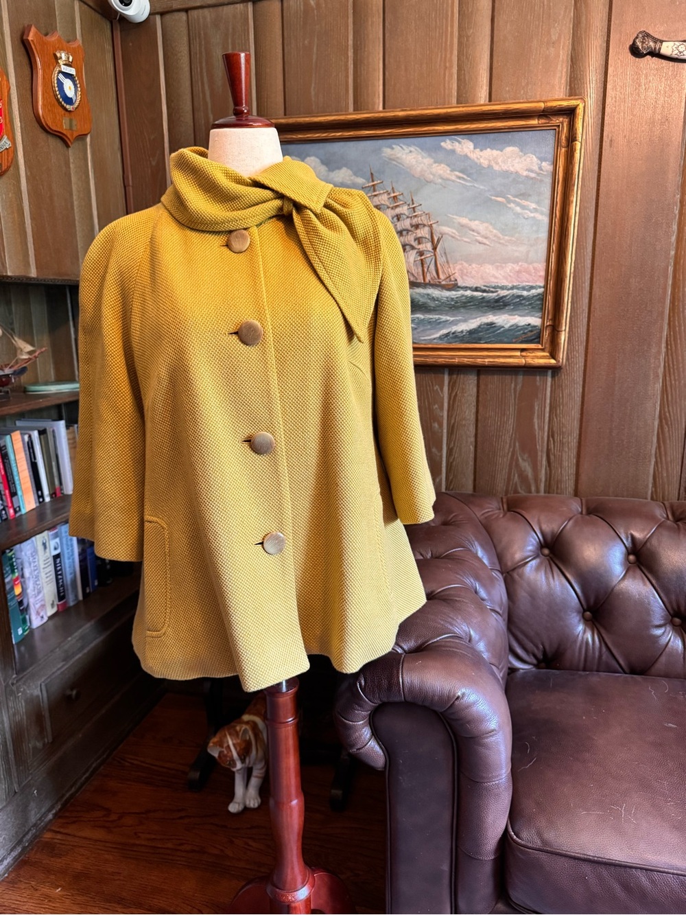 Tabitha Mustard Bow-Collar Wool-Blend Swing Coat